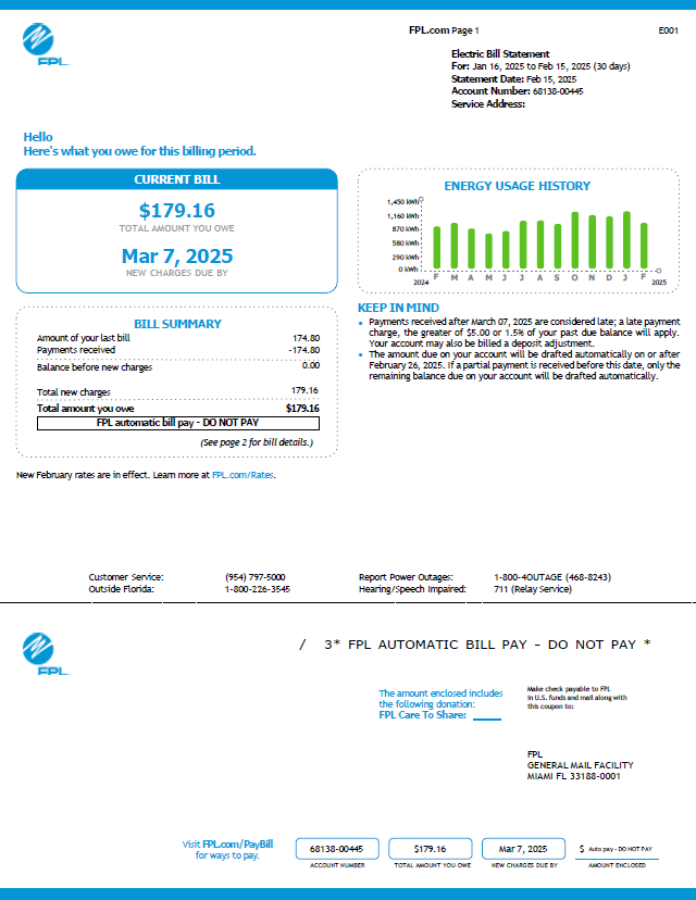 USA FPL utility bill template in Word and PDF formats, version 6